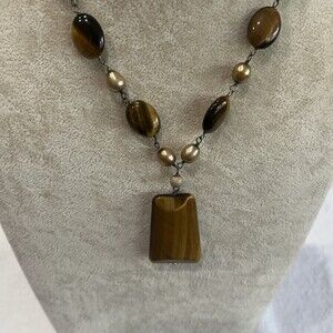 Tiger Eye Pendant Necklace Freshwater Pearl Sterling Silver‎ 925 Statement